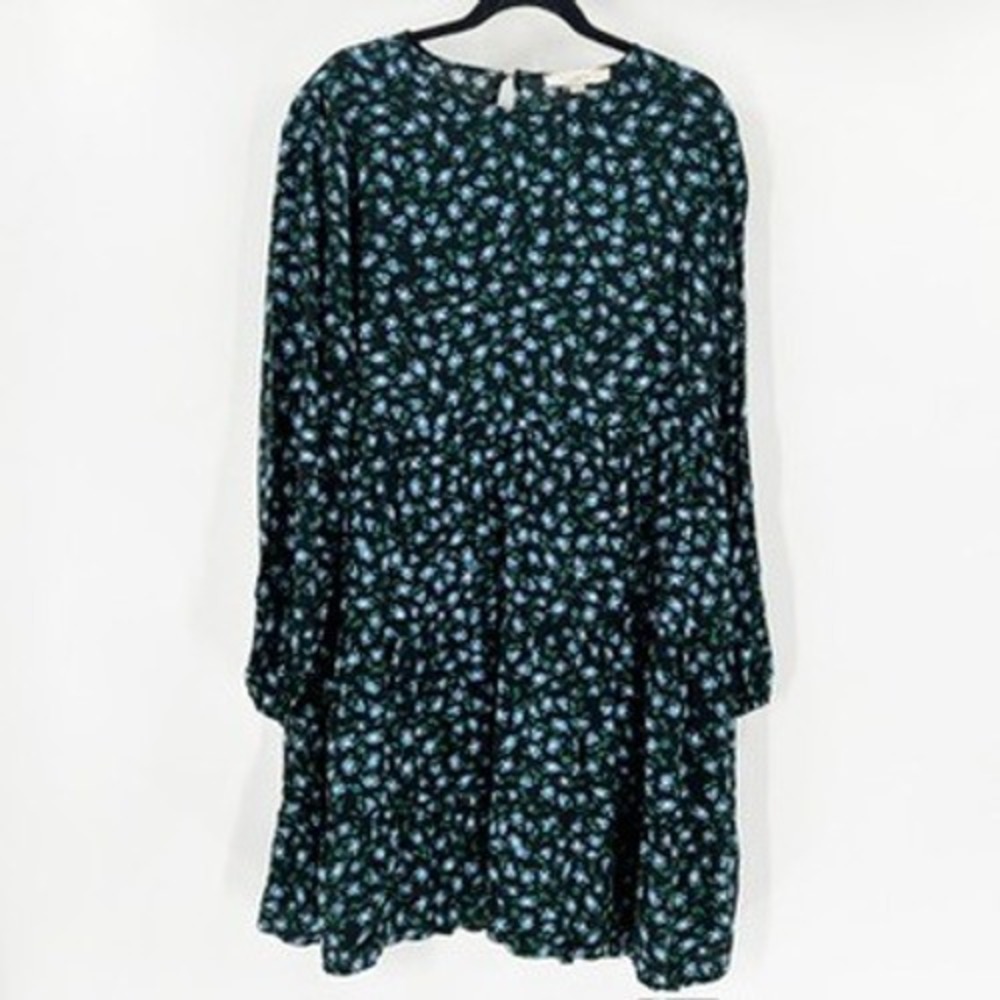 LOFT Womens Black Blue Floral Tiered Swing Dress Long Sleeve Size L - Picture 2 of 5